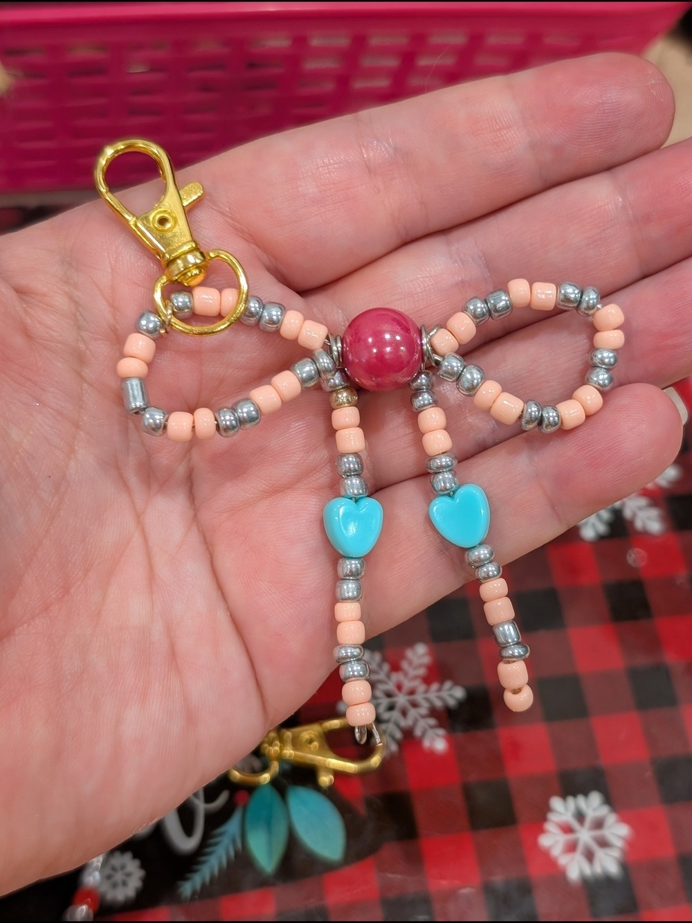Handmade Pink Silver Beaded Bow Keychain Charm